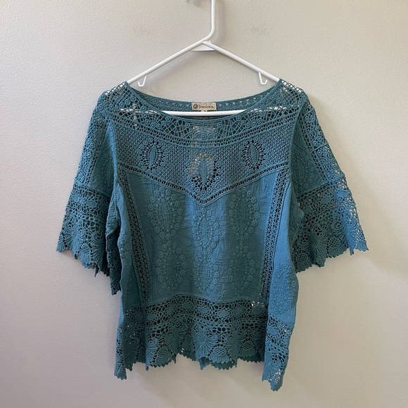 Democracy Green/Blue Crochet Cotton Boho Blouse Top Sz S - Picture 2 of 10